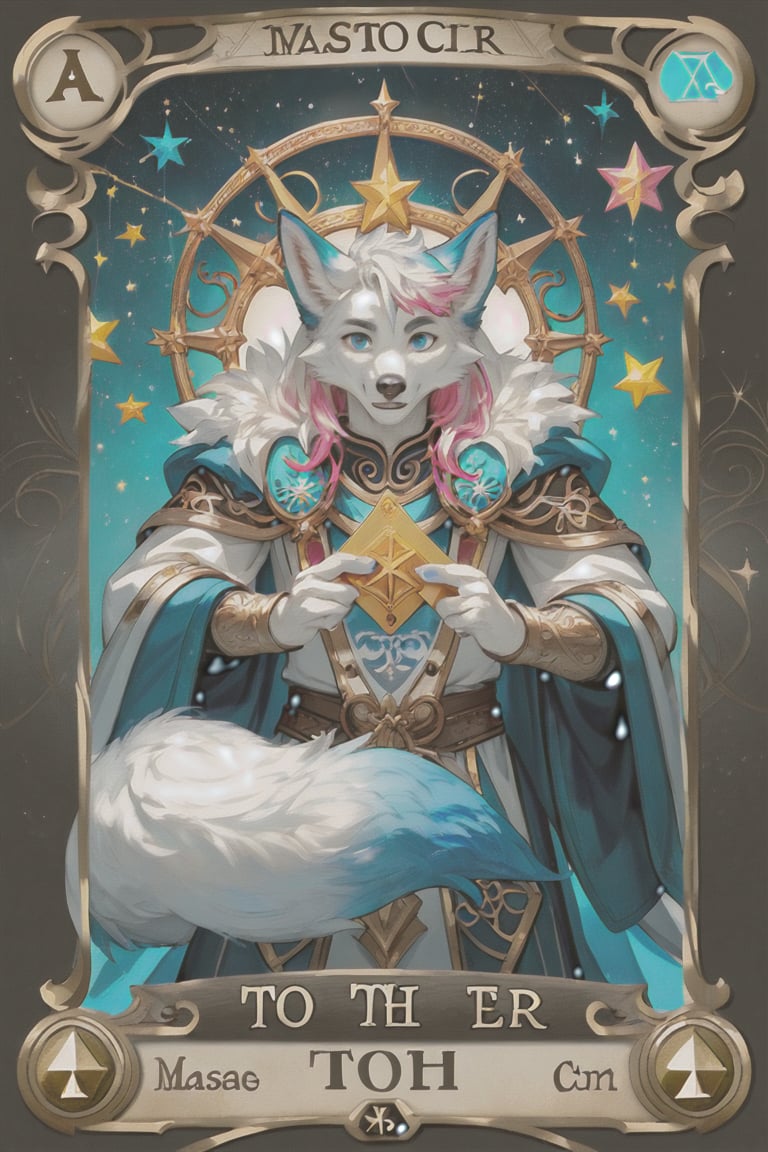 colourful anthropomorphic arctic fox, blue highlights, pink highlights, male, white fur, (1male:1.4), blue eyes, white and blue tail, white robes, mage staff, mage book, 
score_9,score_8_up,score_7_up,masterpiece,best quality,very aesthetic,5 golden stars, (tarot card:1.3), tarot card background, 