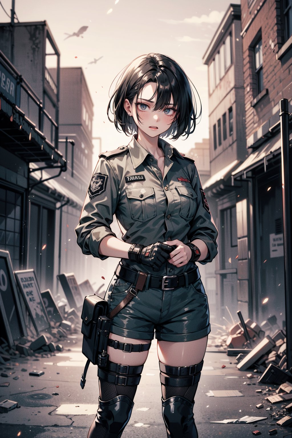 Illustrate a young woman in a special forces uniform, complete with tactical gear, preparing for a fight. She is gripping a dagger tightly, ready for action. The setting is an abandoned city overrun with zombies, characterized by derelict buildings and a post-apocalyptic atmosphere. Her expression is genuine and resolute, reflecting determination and readiness for the imminent danger, 1girl