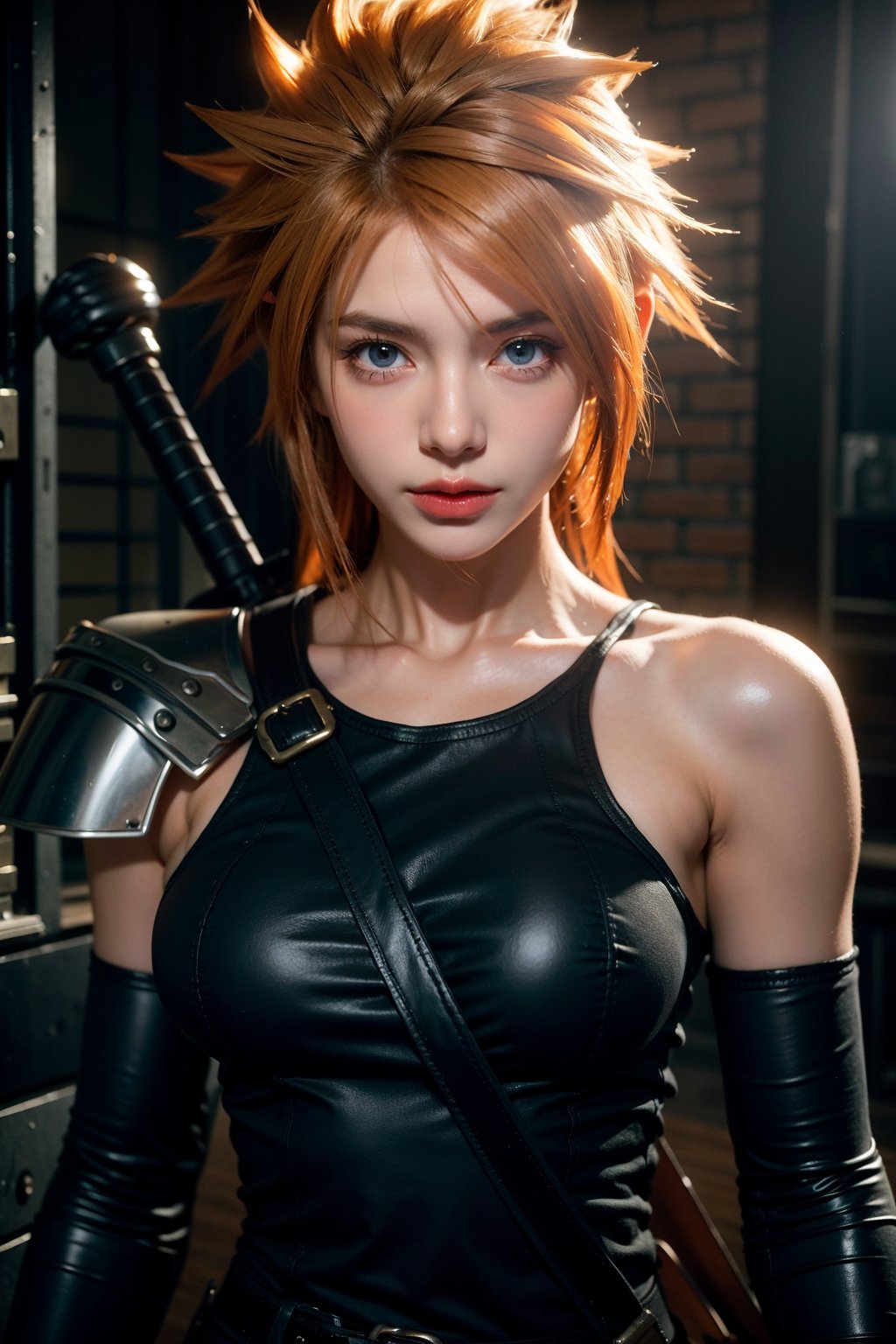 Create a hyper-realistic image of a beautiful female version of Cloud Strife from *Final Fantasy VII*, set against a dark, industrial cityscape inspired by Midgar. Her skin is fair, and she has striking blue eyes that convey a determined and serious expression. Her blonde hair is spiky yet slightly softened for a feminine touch, with angled strands framing her face while the rest flows past her shoulders.

She wears a modified version of Cloud's iconic outfit, designed for a female warrior. Her sleeveless navy-blue top is fitted, accentuating her athletic build, with metal shoulder armor on her left side that has a worn, battle-ready look. The armor is secured by a dark leather strap crossing over her chest. Her right arm is clad in a black, fingerless glove that extends up to her forearm, adding a practical edge to her appearance.

Her serious pose emphasizes her readiness for battle, with her hand casually resting on the large, iconic Buster Sword strapped behind her. The blade is slightly weathered, reflecting past encounters, and adds weight to her intense expression. The scene around her is shadowy and atmospheric, capturing the gritty, mechanical feel of Midgar. The image should highlight her strength and beauty, blending Cloud’s iconic features with a feminine twist that stays true to her tough, resilient character.