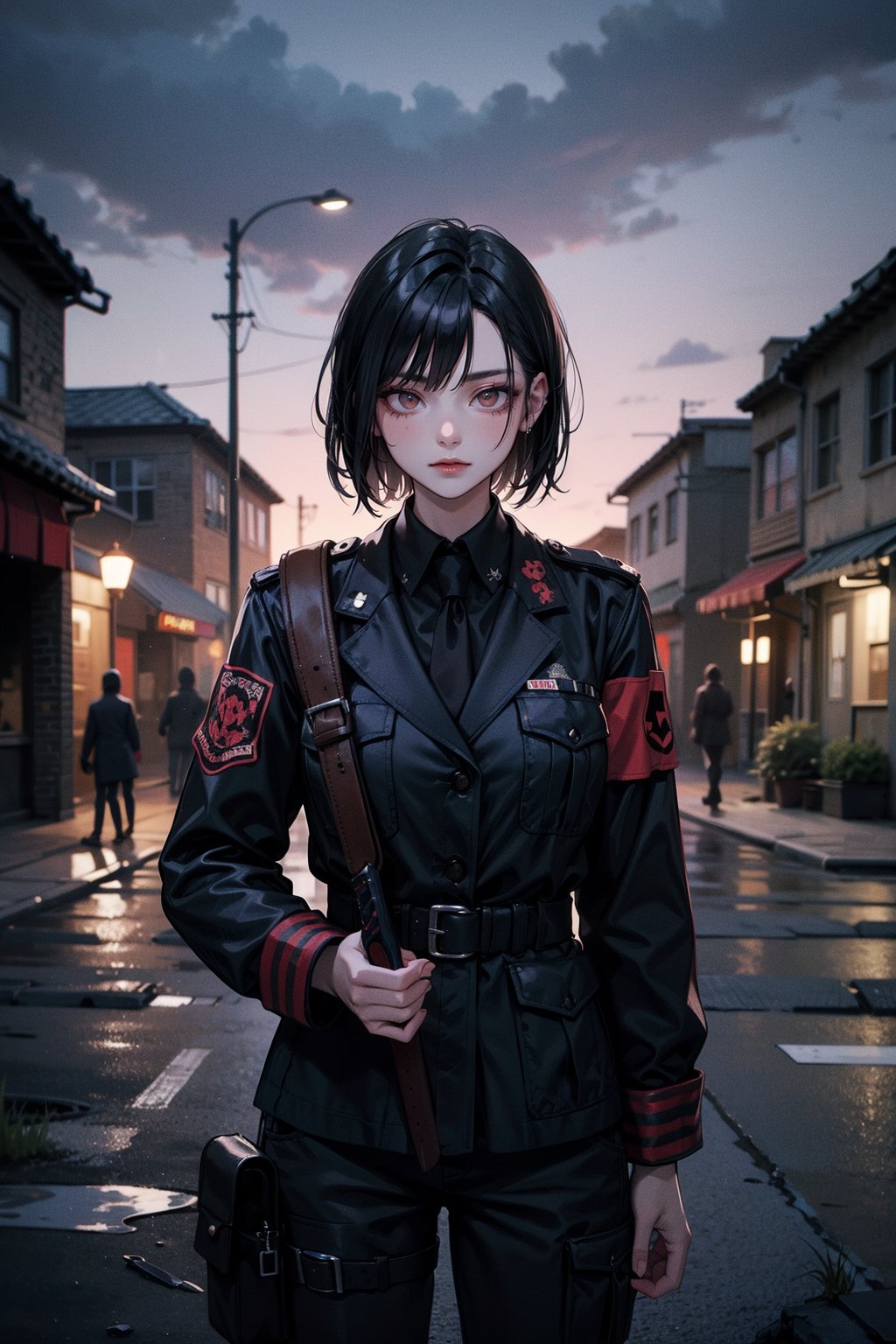 a young woman dressed in a sleek, black military uniform, complete with tactical gear and a high-collared jacket. She is holding a gleaming dagger confidently in one hand. The background is a desolate village reminiscent of the one from Resident Evil 4, with dark, ominous skies, crumbling buildings, and eerie, shadowy figures in the distance. The atmosphere is tense and foreboding, with an emphasis on a gritty, survivalist aesthetic, 1girl