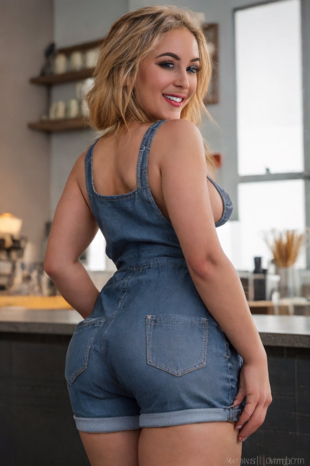 hyper-realistic, raw, photo-realism, 16K definition, perfect face, 19 year old American beauty, light blonde hair, dark brows, alim perfect curvy ass, her back towards her customer, looking back at the customer, naughty smile, wearing nothing but a starbucks apron, and trainer shoes, shows exposed butt, side boobs