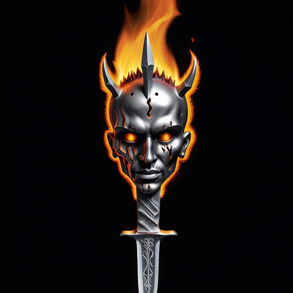 Portrait Logo of an "Madozz" crafted from melted steel stabed with dagger  and emerged in fire