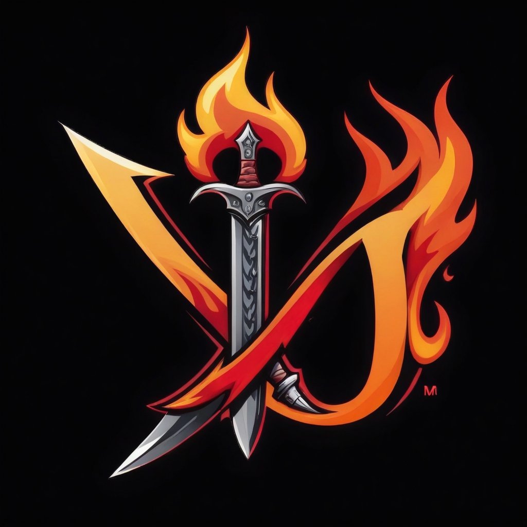 Letter M logo flaming and dagger in the background