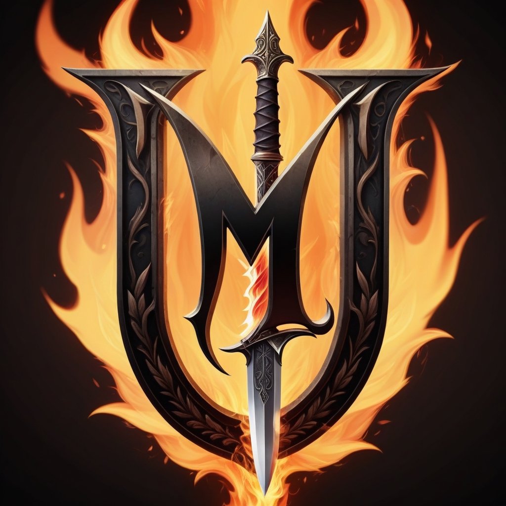 single Letter "M" logo flaming and dagger in the background