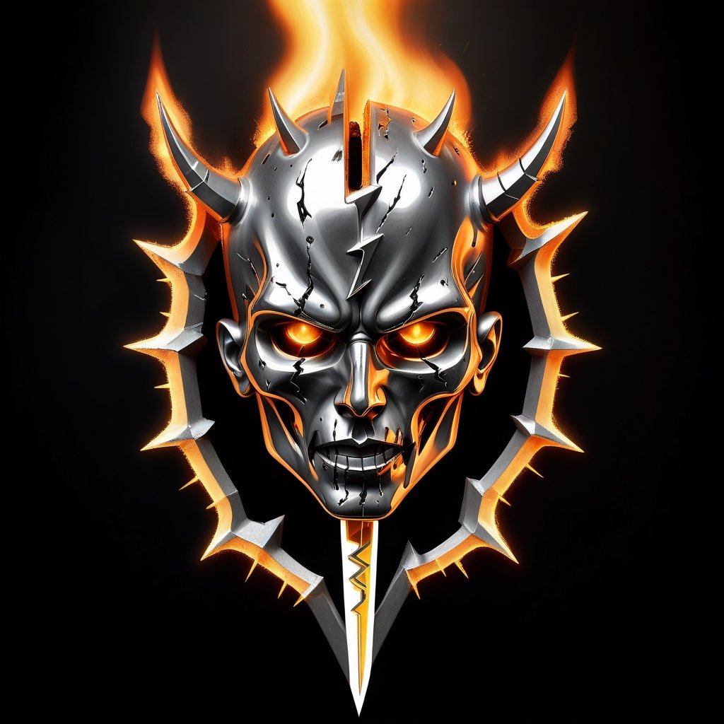 Portrait Logo of an "Madozz" crafted from melted steel stabed with dagger  and emerged in fire and Lightning Bolt