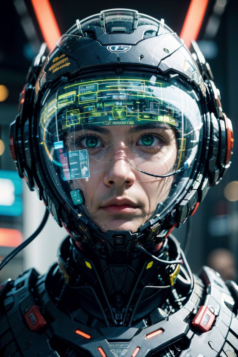 Portrait of a 30 years old man, solo, realistic, science fiction, helmet, cable, cyberpunk, lips, portrait, head-mounted display, blurry, robot, depth of field, blurry background, green eyes, screen, glowing, facing viewer, facial_expressions