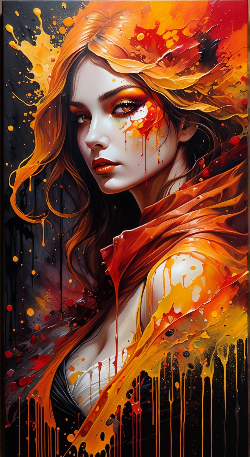 A dark fantasy portrait, dominated by warm hues of orange, yellow, and red. The artwork features splatters and blends of these vibrant colors, creating a sense of movement and energy. The entire canvas appears wet, with the colors merging and blending in various areas, forming a dynamic and fluid appearance. The overall atmosphere of the painting is mysterious and evocative, drawing the viewer into its hauntingly beautiful world., dark fantasy