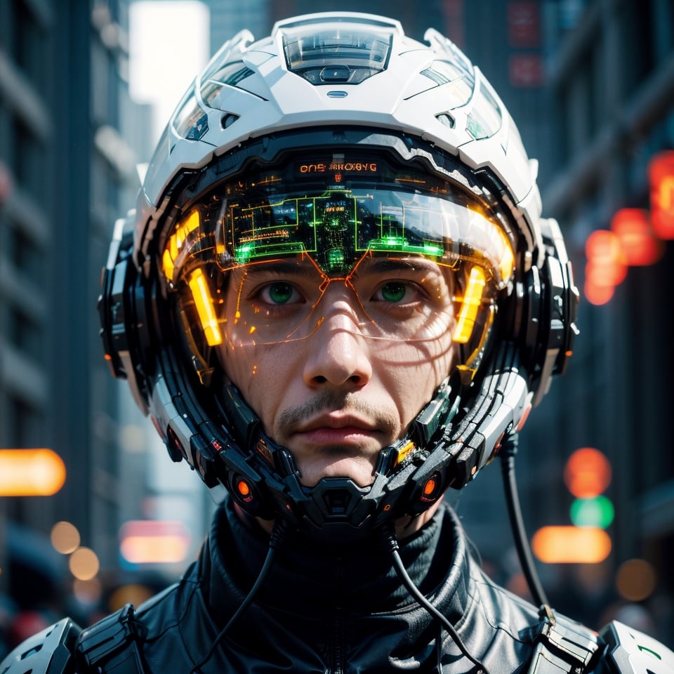 Portrait of a 40 years old man, solo, realistic, science fiction, helmet, cable, cyberpunk, lips, portrait, head-mounted display, blurry, robot, depth of field, blurry background, green eyes, screen, glowing, facing viewer, facial_expressions