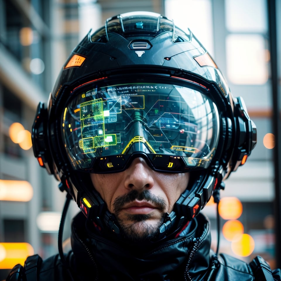 Portrait of a 40 years old man, solo, realistic, science fiction, helmet, cable, cyberpunk, lips, portrait, head-mounted display, blurry, robot, depth of field, blurry background, green eyes, screen, glowing, facing viewer, facial_expressions