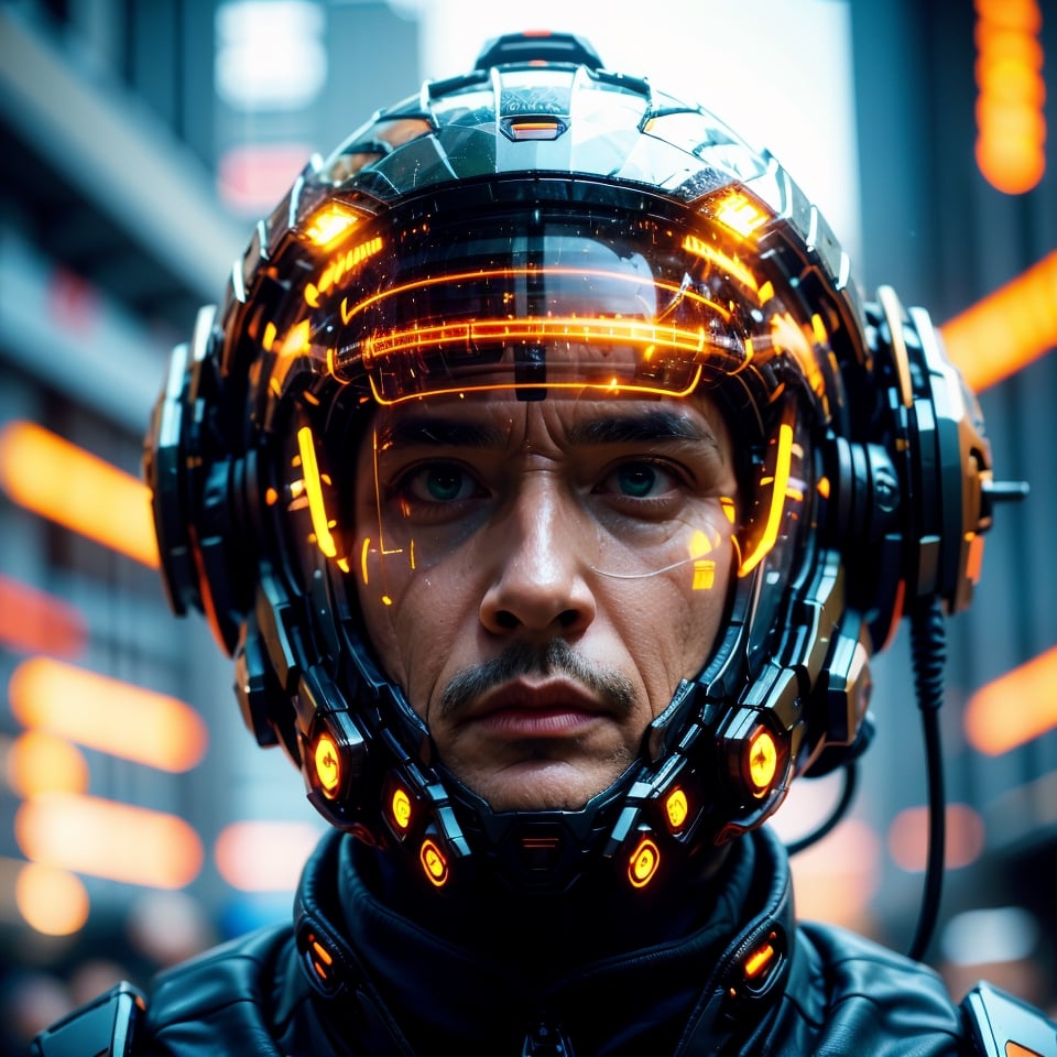 Portrait of a 50 years old man, solo, realistic, science fiction, helmet, cable, cyberpunk, lips, cowboy_shot , blurry, robot, depth of field, blurry background, green eyes, screen, glowing, facing viewer, facial_expressions,Germany Male