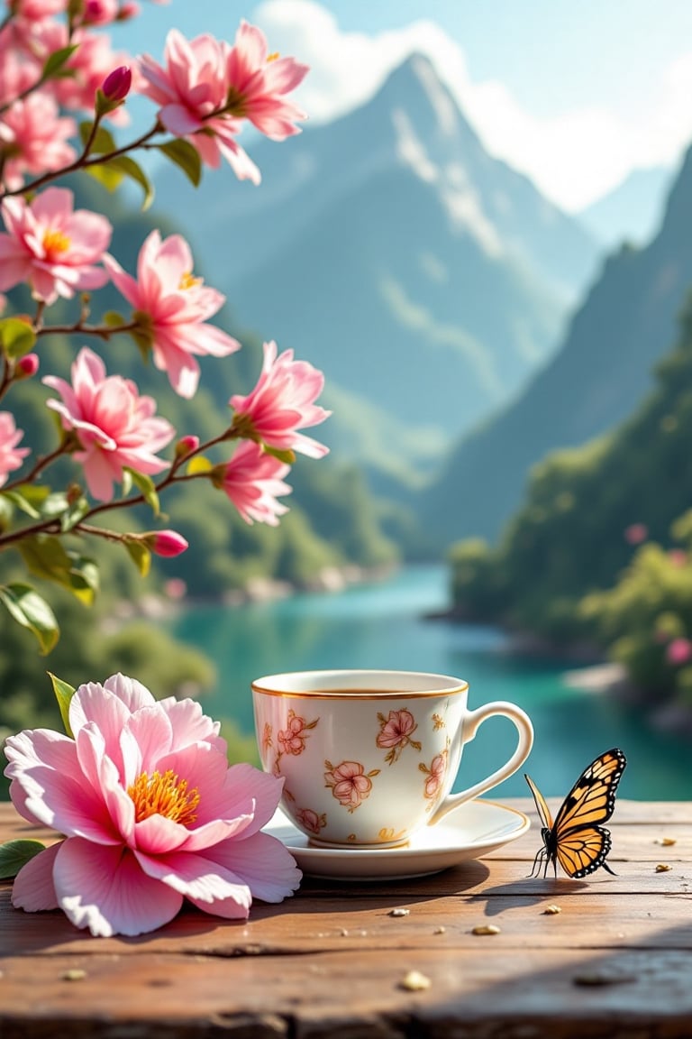 Ultra realism,  Absolute reality style: bright Epic,  (create a realistic image of a branch of pink camellias lying on a w...