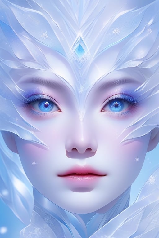 A (((vividly realistic ice woman portrait))), featuring intricate Details that convey a sense of cuteness, with frosty surfaces and (delicate patterns) that mirror the subject's essence