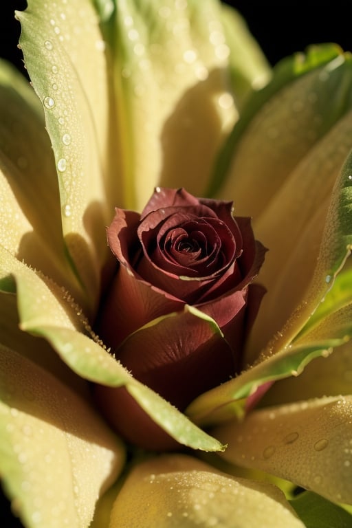  Visualize a solitary black rose, captured in stunning hyper-realism. Each petal is luxuriously dark, almost velvety in texture, absorbing light with its deep, ebony hues. The edges of the petals are tinged with the faintest hint of a dark, iridescent sheen, reflecting subtle undertones of midnight blue or dark purple when caught in the right angle of light. The rose's petals curl inward gracefully, their surfaces dew-kissed, each droplet a tiny, magnifying lens that enhances the intricate textures of the petal it adorns.The stem of the rose is robust, thorned with sharp, glossy spikes that glisten like wet onyx, casting tiny shadows that play along the stem’s smooth, dark green surface. Surrounding leaves are equally detailed, with visible veins and a slightly rugged texture, their tips curling slightly, as if wilting under the weight of their own lushness.The background is a soft blur of shadow and light, ensuring the black rose stands starkly at the forefront, its mysterious and almost otherworldly beauty inviting the viewer to look closer, to lose themselves in the depths of its dark, complex allure."