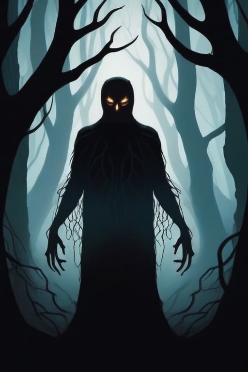 Craft a chilling illustration depicting a shadowy figure lurking in the depths of a haunted forest, its glowing eyes piercing through the darkness as twisted branches reach out like skeletal fingers. The eerie atmosphere evokes a sense of foreboding as the figure watches silently from the shadows."