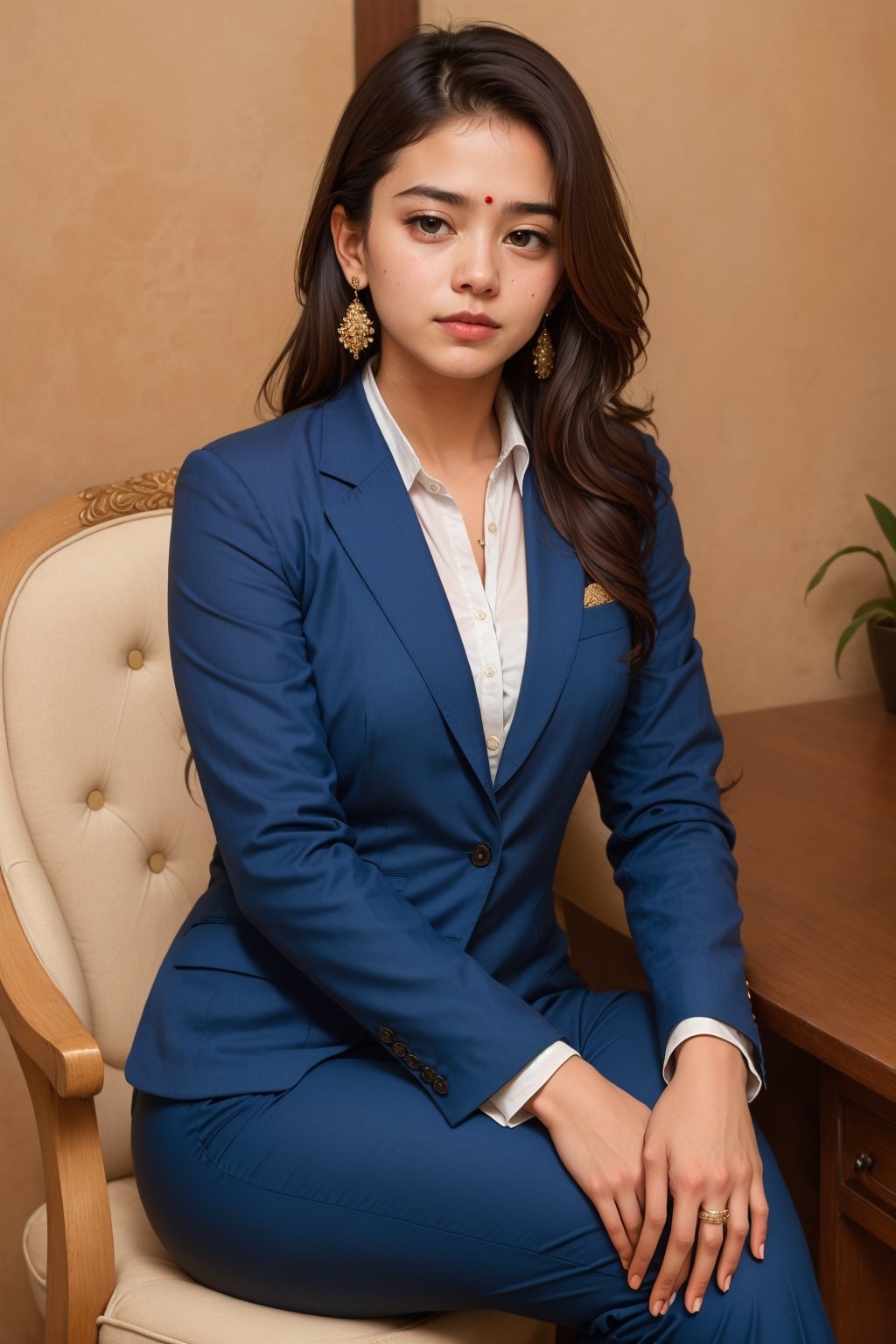 lovely  cute  young  attractive  indian  teenage  girl  in office blue suit  ,  23  years  old  ,  cute  ,  an  Instagram  model  ,  long  blonde_hair  ,  colorful  hair   , sitting on the chair „  Pakistani