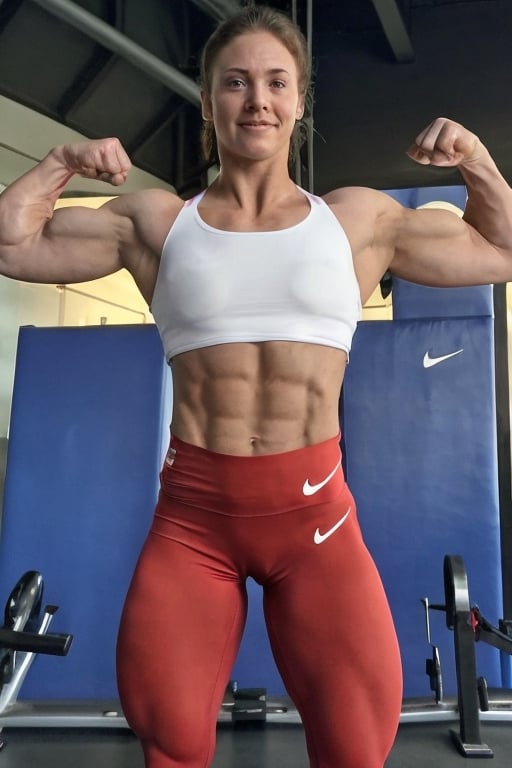 A female athlete in sportswear,  specifically a white and red sports lycra bra with the name mirrin' and a British flag em...