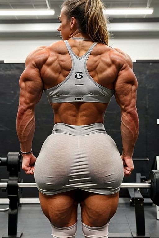 Viewed from rear side , 18 year old Alicia Sacramone heavily muscled iffb pro female bodybuilder,  a teacher wearing a tight silk buttoned shirt, short rubber skirt,  white opaque pantyhose ,fmg,Muscular,Muscle,Huge muscles,Huge biceps,Shredded,Female,Flex pose