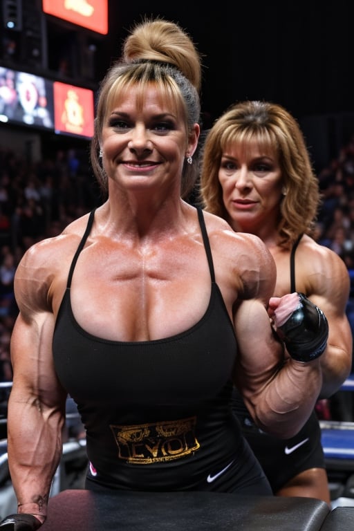 2girls, PHOTO, Candid mobile phone snapshot photo of a heavily muscled iffb pro female bodybuilder ordering at a WWE wrestling event,, 42  year old peggy bundy vs 18 year old Kelly Bundy,photorealistic