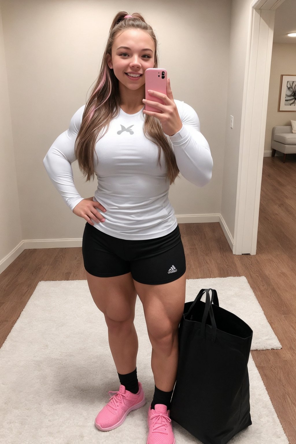 18 year old Sydney Sweeney, A heavily muscled iffb pro female bodybuilder,  Full-body mirror selfie of a muscular woman standing in a room with a wooden floor. She has long, dark hair with pink highlights and is wearing a black long-sleeve top and black lycra shorts. She is holding a smartphone with a reflective case in her left hand. She is also wearing white and gray athletic shoes with white socks. The room has a white wall with a calendar or planner hanging on it, and there is a black and white patterned rug on the floor. In the background, there is a black bag and some other items partially visible.