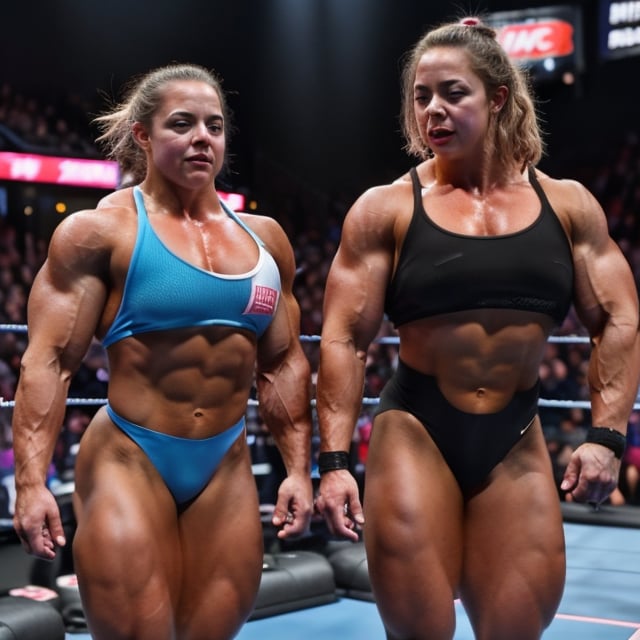 2girls, PHOTO, Candid mobile phone snapshot photo of a heavily muscled iffb pro female bodybuilder ordering at a WWE wrestling event,, 24  year old Charlotte Church vs 28 year old Sydney Sweeney, Jumping off top ropes ,photorealistic