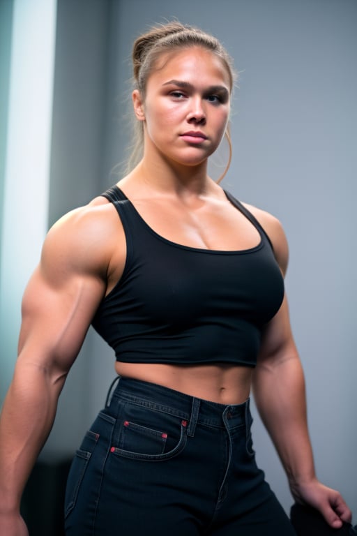 A heavily muscled iffb pro female bodybuilder, a RAW photo, portrait of 21 year old Ronda Rousey, wearing black satin blouse, jeans, simple background, model shot, cinematic shot, volumetric lighting, detailed eyes and face, magnificent, epic, sharp focus, dlsr, rim lights, blurry background, best quality, highly detailed, masterpiece, 8k, 