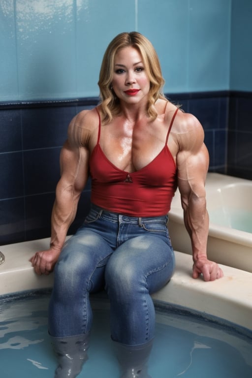 (CHRISTINA APPLEGATE  best quality, highres), (70s setting), [fetishistic session], (realistic), [dirty bath], mature woman, (sitting deep inside bath in substance), detailed face features, soaking wet jeans, dirty touches, masturbation, expression of despair and gloomy ecstasy,tight blouses, vintage atmosphere, retro, vibrant colors