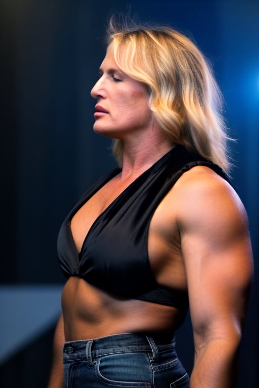 A heavily muscled iffb pro female bodybuilder, a RAW photo, portrait of Daryl Hannah, wearing black satin blouse, jeans, simple background, model shot, cinematic shot, volumetric lighting, detailed eyes and face, magnificent, epic, sharp focus, dlsr, rim lights, blurry background, best quality, highly detailed, masterpiece, ,kiss