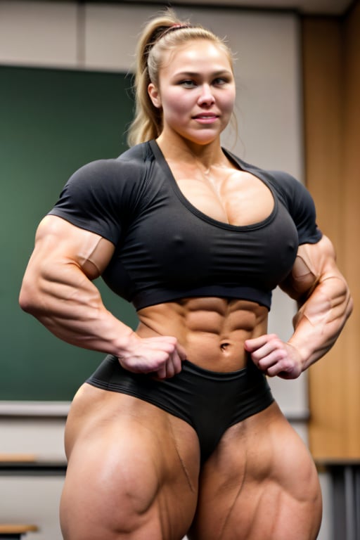 A heavily muscled iffb pro female bodybuilder,  Ronda Rousey as a sexy schoolgirl,  extreme muscles. Wearing a japanese st...