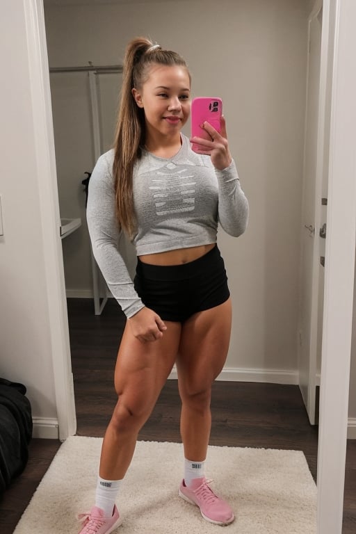 18 year old Sydney Sweeney, A heavily muscled iffb pro female bodybuilder,  Full-body mirror selfie of a muscular woman standing in a room with a wooden floor. She has long, dark hair with pink highlights and is wearing a black long-sleeve top and black lycra shorts. She is holding a smartphone with a reflective case in her left hand. She is also wearing white and gray athletic shoes with white socks. The room has a white wall with a calendar or planner hanging on it, and there is a black and white patterned rug on the floor. In the background, there is a black bag and some other items partially visible.