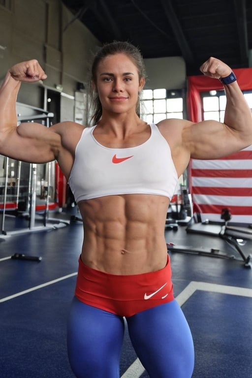 A female athlete in sportswear,  specifically a white and red sports lycra bra with the name mirrin' and a British flag em...