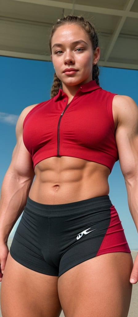 2girls,  a heavily muscled iffb pro bodybuilder 18 year old Sydney Sweeney ,  18 year old Nicole Bass wearing a Jersey Isl...