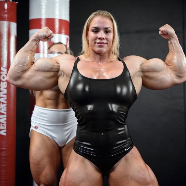 A heavily muscled iffb pro female bodybuilder, A close up video,a young blonde woman who has bodybuilder physique, she is punching a sparing partner, her sparing partner winces from the force of the punch generated by her huge biceps while breathing heavily, she is wearing a latex dress, and sweating profusely