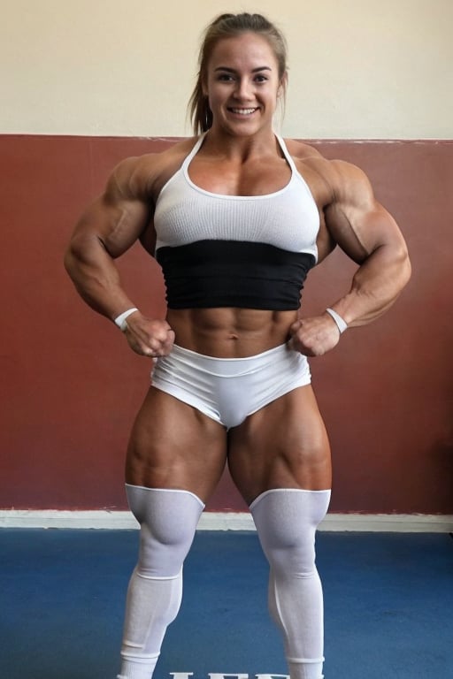 A heavily muscled iffb pro female bodybuilder,  she wearing a school blazer thighhighs,  white mini socks.