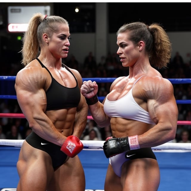 2girls, PHOTO, Candid mobile phone snapshot photo of a heavily muscled iffb pro female bodybuilder ordering at a fight, 24  year old Nicole Bass vs 28 year old Chyna joan Marie Laurer ,photorealistic