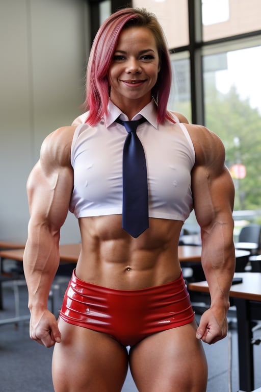 a heavily muscled iffb pro bodybuilder 18 year old girl popstar Amy Smart, colourful hair,  , wearing a Japanese school
uniform,photorealistic, white unbuttoned shirt
and tie, red miniskirt, latex