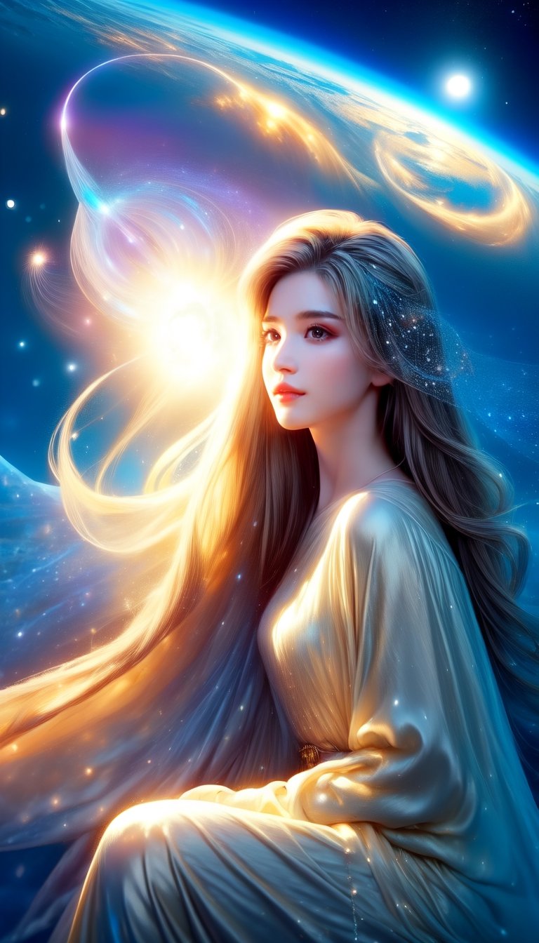 young  girl, solo, purple eyes, long hair,  hair between eyes,sitting,forest,outdoor,(insanely detailed, beautiful detailed face, masterpiece, best quality) cinematic lighting,Spiritual master,brown hair, messy hair, brown eyes, A summer gown,  Venusian,On the ship,Spiritual aura,High latitude,Highly evolved people,Interstellar human,Chakra cosmic energy,Fifth dimension,Portrait,HALFTONE CLOUD LIGHT_PARTICLES,	 SILHOUETTE LIGHT PARTICLES,LightningPunkAI