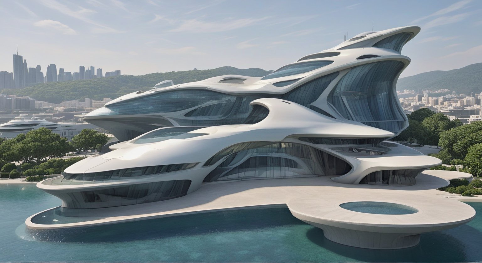 (master piece)(Future zen building), rhombuses facade pattern, zaha hadid, glass windows,carefree,  The ship,concrete,  Atlantis, Round and soft,Nordic,Great nature,elegance,Holiday village,Nordic style,
Future world,ship,rooftop,stretch,harbor
tower,Minimalist succinct style,flyship on sky,Dreamy light and shadow,yanni style,