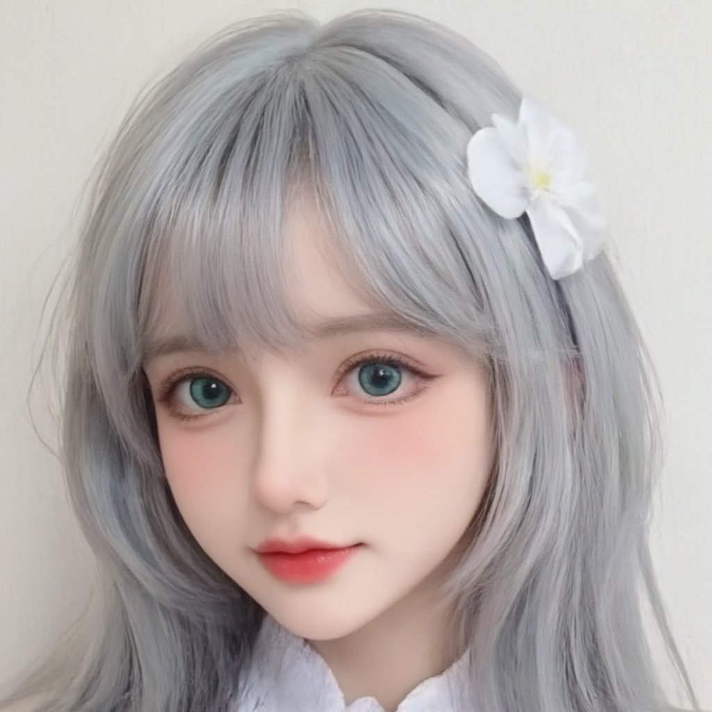 1girl, 

Cosplay, Real person, photo, twitter username, white background, mini person, aqua eyes, looking at viewer, grey hair, :i, aqua hair, simple background, blush, minigirl, blue hair, hair flower, solo, hair ornament, close-up, portrait, flower,
