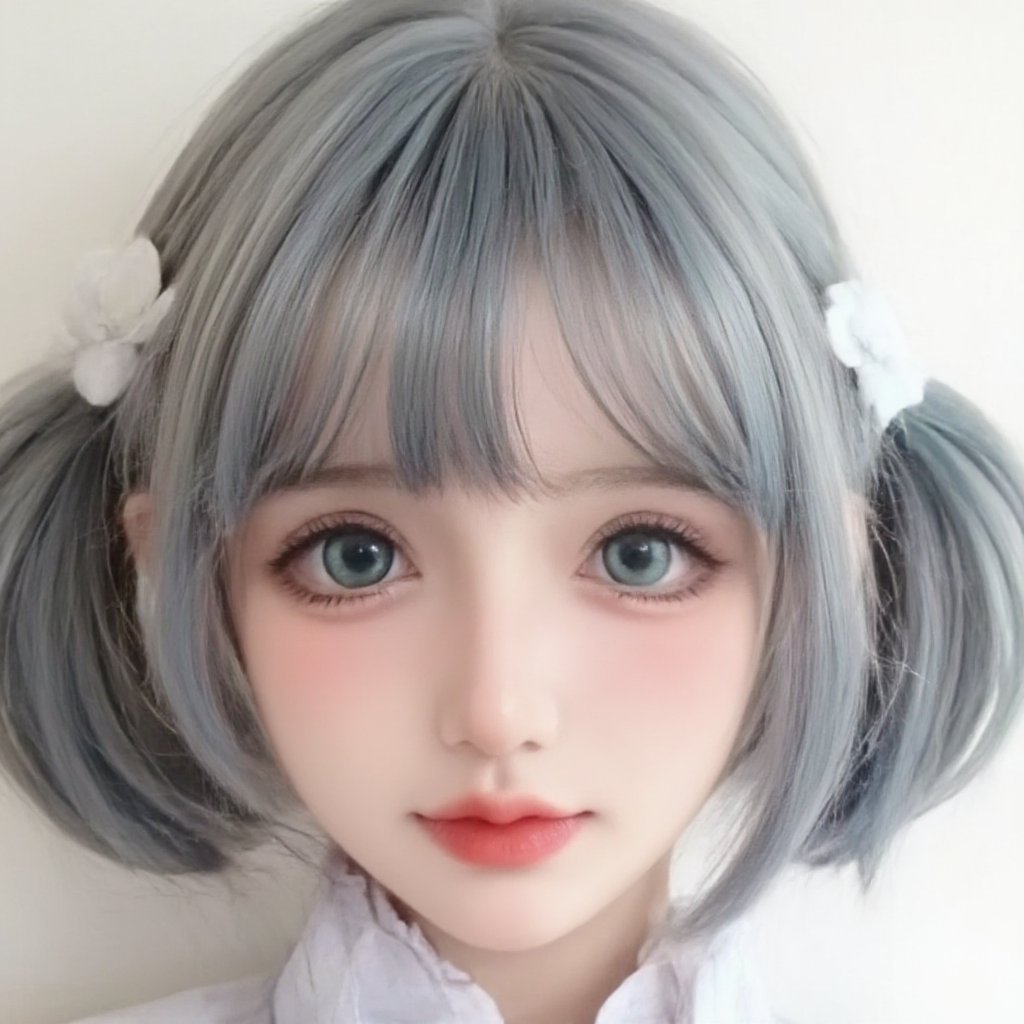 1girl, 

Cosplay, Real person, photo, twitter username, white background, mini person, aqua eyes, looking at viewer, grey hair, :i, aqua hair, simple background, blush, minigirl, blue hair, hair flower, solo, hair ornament, close-up, portrait, flower,
