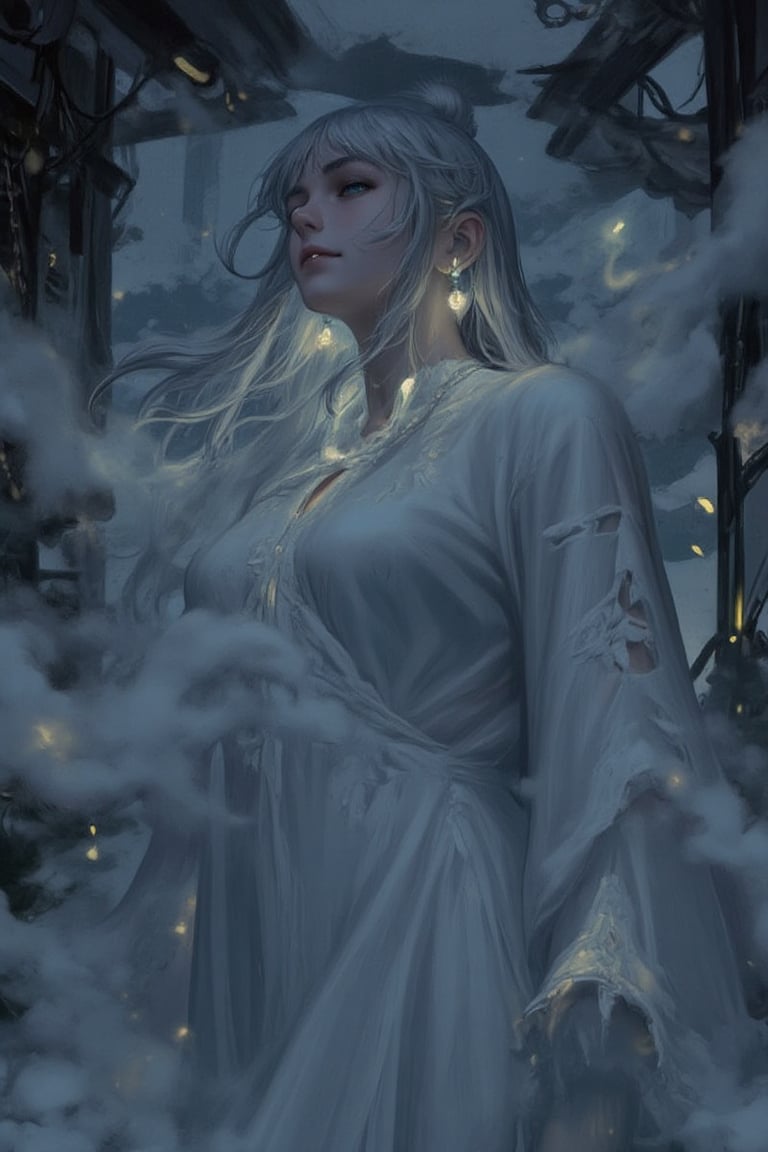 1girl, ((ethereal, ghostly figure)), ((floating above ground)), ((translucent appearance)), (white flowing gown, wisps of smoke surrounding), ((glowing blue eyes)), ((long, flowing silver hair)), ((mist swirling around)), (serene expression, soft smile), ((faint glow)), (dimly lit atmosphere), ((soft light illuminating her)), (mystical, surreal), (phantom-like aura, mysterious), (ancient jewelry, delicate chains), (long, tattered sleeves), (gothic aesthetic, somber mood), ((wispy tendrils of light)), (detailed facial features, soft gaze), ((fog covering)), (spooky, otherworldly), ((haunting beauty)), (delicate shadows on her face), (gown slightly torn at edges), ((glow highlighting her contours)), ((surreal light play))