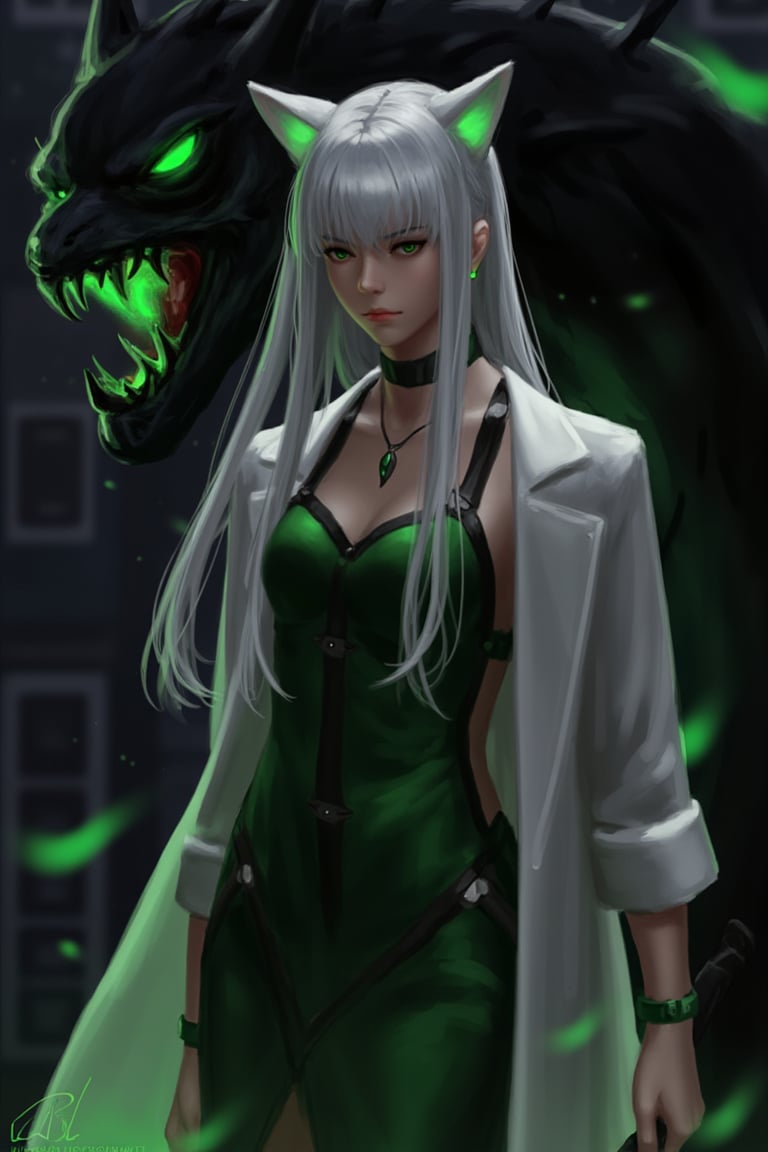 This digital artwork features a young woman with silver-gray hair and cat ears, suggesting a fantasy or anime style. She has a pale complexion and green eyes, and she wears a sleeveless, green dress with black accents and a white lab coat draped over her shoulders. The background is dark and industrial, with a large, menacing, black creature with glowing green eyes and jagged teeth looming behind her. The lighting is dramatic, casting shadows and highlights that emphasize the tension between the character and the creature. The color palette is predominantly dark with pops of green and white. The style is reminiscent of contemporary Japanese anime, with clean lines and vibrant colors. The textures are smooth and polished, typical of digital art. The overall mood is intense and slightly eerie, with a strong sense of danger and mystery. The character's expression is calm and slightly curious, adding to the intrigue of the scene. guweiz,ohwx style