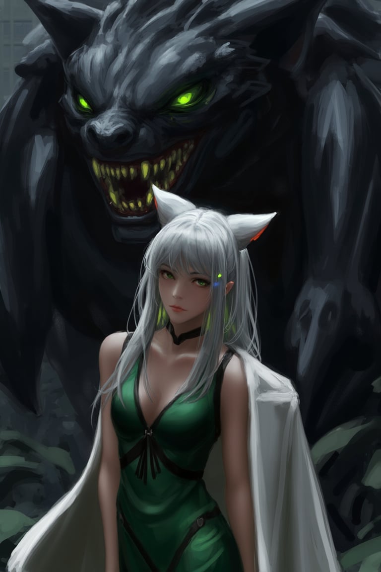 This digital artwork features a young woman with silver-gray hair and cat ears, suggesting a fantasy or anime style. She has a pale complexion and green eyes, and she wears a sleeveless, green dress with black accents and a white lab coat draped over her shoulders. The background is dark and industrial, with a large, menacing, black creature with glowing green eyes and jagged teeth looming behind her. The lighting is dramatic, casting shadows and highlights that emphasize the tension between the character and the creature. The color palette is predominantly dark with pops of green and white. The style is reminiscent of contemporary Japanese anime, with clean lines and vibrant colors. The textures are smooth and polished, typical of digital art. The overall mood is intense and slightly eerie, with a strong sense of danger and mystery. The character's expression is calm and slightly curious, adding to the intrigue of the scene. guweiz,ohwx style