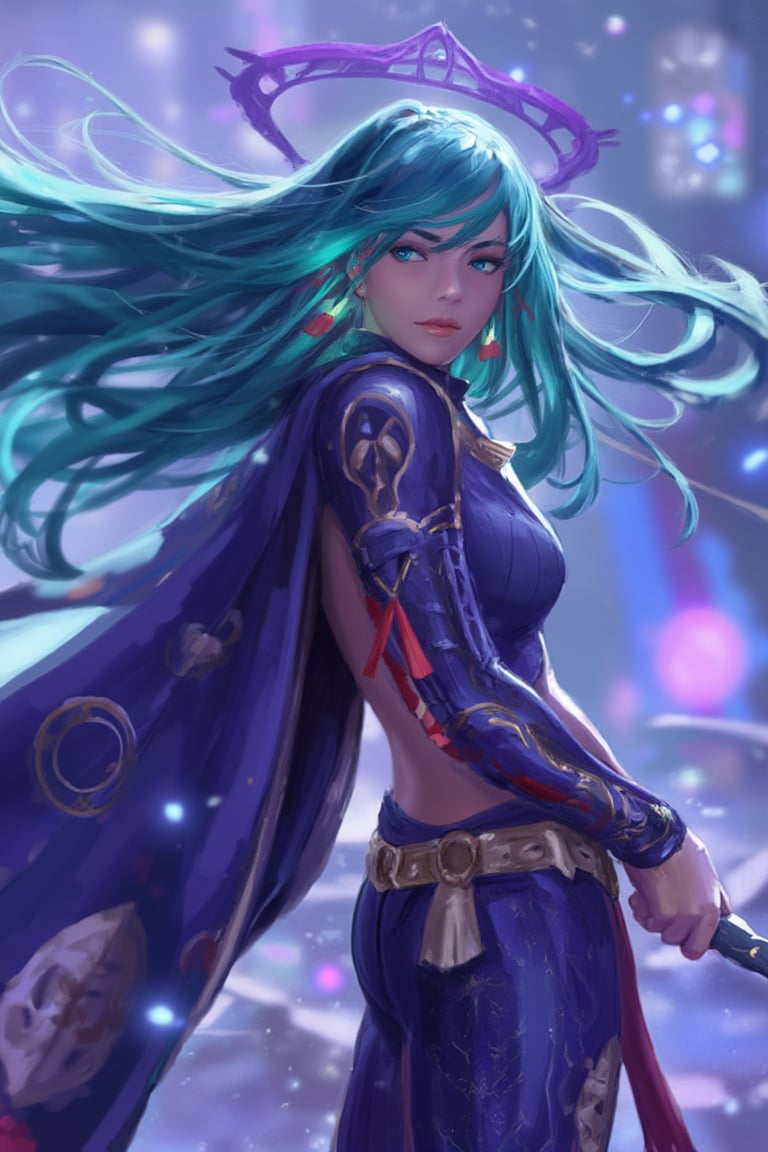 This digital artwork showcases a fantastical, anime-style character with a strikingly ethereal and dynamic pose. The subject is a young woman with a pale, almost translucent skin tone, and long, flowing, aqua-blue hair that cascades around her. She has piercing blue eyes and a determined, slightly mischievous expression. Her outfit is a blend of futuristic and mystical elements, featuring a deep purple and black bodysuit adorned with gold accents, intricate patterns, and red ribbons that add a touch of elegance and movement. She wears a voluminous, dark blue cape with a high collar, billowing behind her as if caught in a gust of wind. The background is a swirling, otherworldly landscape of blues and purples, with abstract, crystal-like formations that enhance the fantastical atmosphere. The overall composition is balanced, with the character centrally placed, creating a sense of focus and energy. The use of color and light is vibrant and immersive, typical of contemporary digital art. guweiz,ohwx style