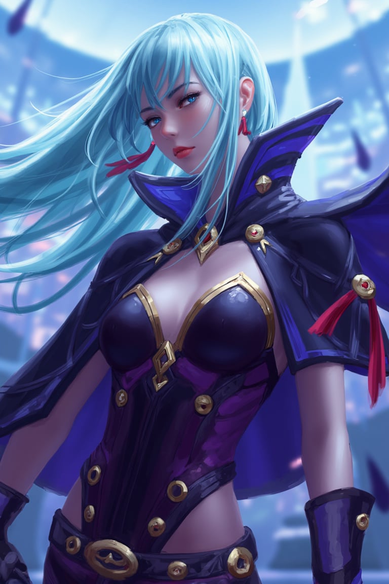 This digital artwork showcases a fantastical, anime-style character with a strikingly ethereal and dynamic pose. The subject is a young woman with a pale, almost translucent skin tone, and long, flowing, aqua-blue hair that cascades around her. She has piercing blue eyes and a determined, slightly mischievous expression. Her outfit is a blend of futuristic and mystical elements, featuring a deep purple and black bodysuit adorned with gold accents, intricate patterns, and red ribbons that add a touch of elegance and movement. She wears a voluminous, dark blue cape with a high collar, billowing behind her as if caught in a gust of wind. The background is a swirling, otherworldly landscape of blues and purples, with abstract, crystal-like formations that enhance the fantastical atmosphere. The overall composition is balanced, with the character centrally placed, creating a sense of focus and energy. The use of color and light is vibrant and immersive, typical of contemporary digital art. guweiz,ohwx style