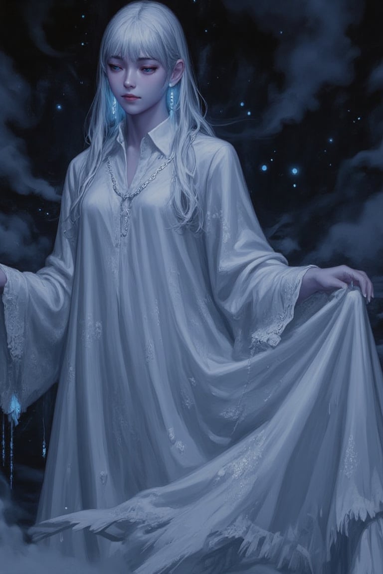 1girl, ((ethereal, ghostly figure)), ((floating above ground)), ((translucent appearance)), (white flowing gown, wisps of smoke surrounding), ((glowing blue eyes)), ((long, flowing silver hair)), ((mist swirling around)), (serene expression, soft smile), ((faint glow)), (dimly lit atmosphere), ((soft light illuminating her)), (mystical, surreal), (phantom-like aura, mysterious), (ancient jewelry, delicate chains), (long, tattered sleeves), (gothic aesthetic, somber mood), ((wispy tendrils of light)), (detailed facial features, soft gaze), ((fog covering)), (spooky, otherworldly), ((haunting beauty)), (delicate shadows on her face), (gown slightly torn at edges), ((glow highlighting her contours)), ((surreal light play))