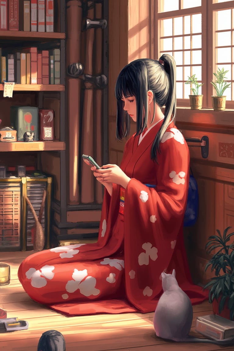 This digital painting depicts a young Japanese girl in a traditional red and white kimono, sitting on a wooden floor. She is surrounded by various objects like a cat, a teapot, books, and a potted plant, all bathed in soft sunlight streaming through a window. The girl has black hair styled in a side ponytail, and she is holding a smartphone, engrossed in it. The composition is balanced with warm, natural light creating a serene atmosphere. The colors are vibrant yet harmonious, with the red of her kimono contrasting beautifully with the white and the surrounding earthy tones. The textures are smooth, with a soft, painterly brushstroke style. The artwork is highly detailed, capturing the textures of the fabric and wood, and the light and shadow play adds depth and realism. The style is reminiscent of contemporary Japanese anime art, with a touch of realism, making it both charming and lifelike. guweiz,ohwx style