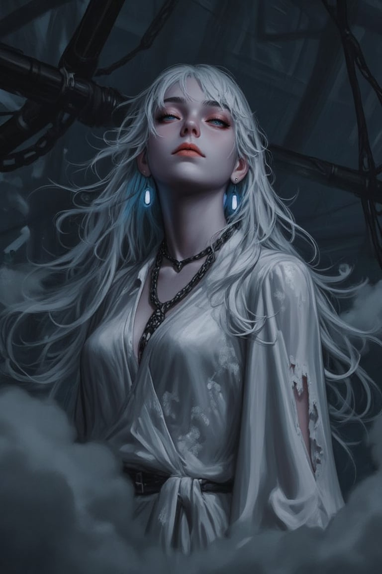 In a dimly lit, mist-covered realm, an ethereal ghostly figure floats above the ground, her translucent appearance shimmering with a faint glow. She wears a white flowing gown, tattered at the edges, with wisps of smoke and long, tattered sleeves surrounding her. Her long, flowing silver hair and glowing blue eyes add to her haunting beauty. Ancient jewelry and delicate chains adorn her, casting soft, surreal light play on her detailed facial features and delicate shadows on her serene, softly smiling face. The fog swirls around her, enhancing her mysterious, gothic aesthetic and phantom-like aura.