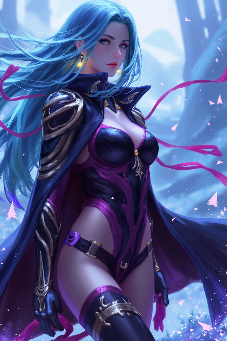 This digital artwork showcases a fantastical, anime-style character with a strikingly ethereal and dynamic pose. The subject is a young woman with a pale, almost translucent skin tone, and long, flowing, aqua-blue hair that cascades around her. She has piercing blue eyes and a determined, slightly mischievous expression. Her outfit is a blend of futuristic and mystical elements, featuring a deep purple and black bodysuit adorned with gold accents, intricate patterns, and red ribbons that add a touch of elegance and movement. She wears a voluminous, dark blue cape with a high collar, billowing behind her as if caught in a gust of wind. The background is a swirling, otherworldly landscape of blues and purples, with abstract, crystal-like formations that enhance the fantastical atmosphere. The overall composition is balanced, with the character centrally placed, creating a sense of focus and energy. The use of color and light is vibrant and immersive, typical of contemporary digital art. guweiz,ohwx style