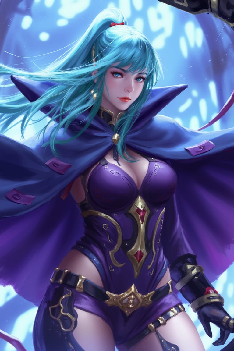 This digital artwork showcases a fantastical, anime-style character with a strikingly ethereal and dynamic pose. The subject is a young woman with a pale, almost translucent skin tone, and long, flowing, aqua-blue hair that cascades around her. She has piercing blue eyes and a determined, slightly mischievous expression. Her outfit is a blend of futuristic and mystical elements, featuring a deep purple and black bodysuit adorned with gold accents, intricate patterns, and red ribbons that add a touch of elegance and movement. She wears a voluminous, dark blue cape with a high collar, billowing behind her as if caught in a gust of wind. The background is a swirling, otherworldly landscape of blues and purples, with abstract, crystal-like formations that enhance the fantastical atmosphere. The overall composition is balanced, with the character centrally placed, creating a sense of focus and energy. The use of color and light is vibrant and immersive, typical of contemporary digital art. guweiz,ohwx style