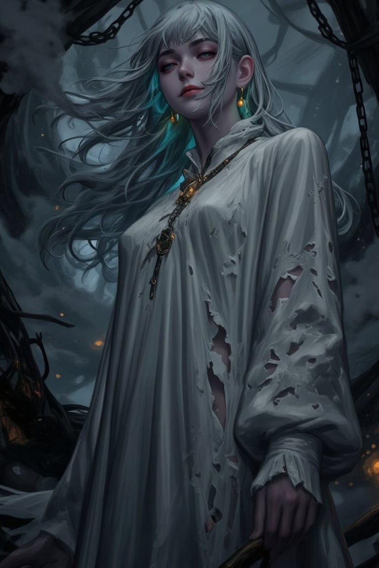 In a dimly lit, mist-covered realm, an ethereal ghostly figure floats above the ground, her translucent appearance shimmering with a faint glow. She wears a white flowing gown, tattered at the edges, with wisps of smoke and long, tattered sleeves surrounding her. Her long, flowing silver hair and glowing blue eyes add to her haunting beauty. Ancient jewelry and delicate chains adorn her, casting soft, surreal light play on her detailed facial features and delicate shadows on her serene, softly smiling face. The fog swirls around her, enhancing her mysterious, gothic aesthetic and phantom-like aura.